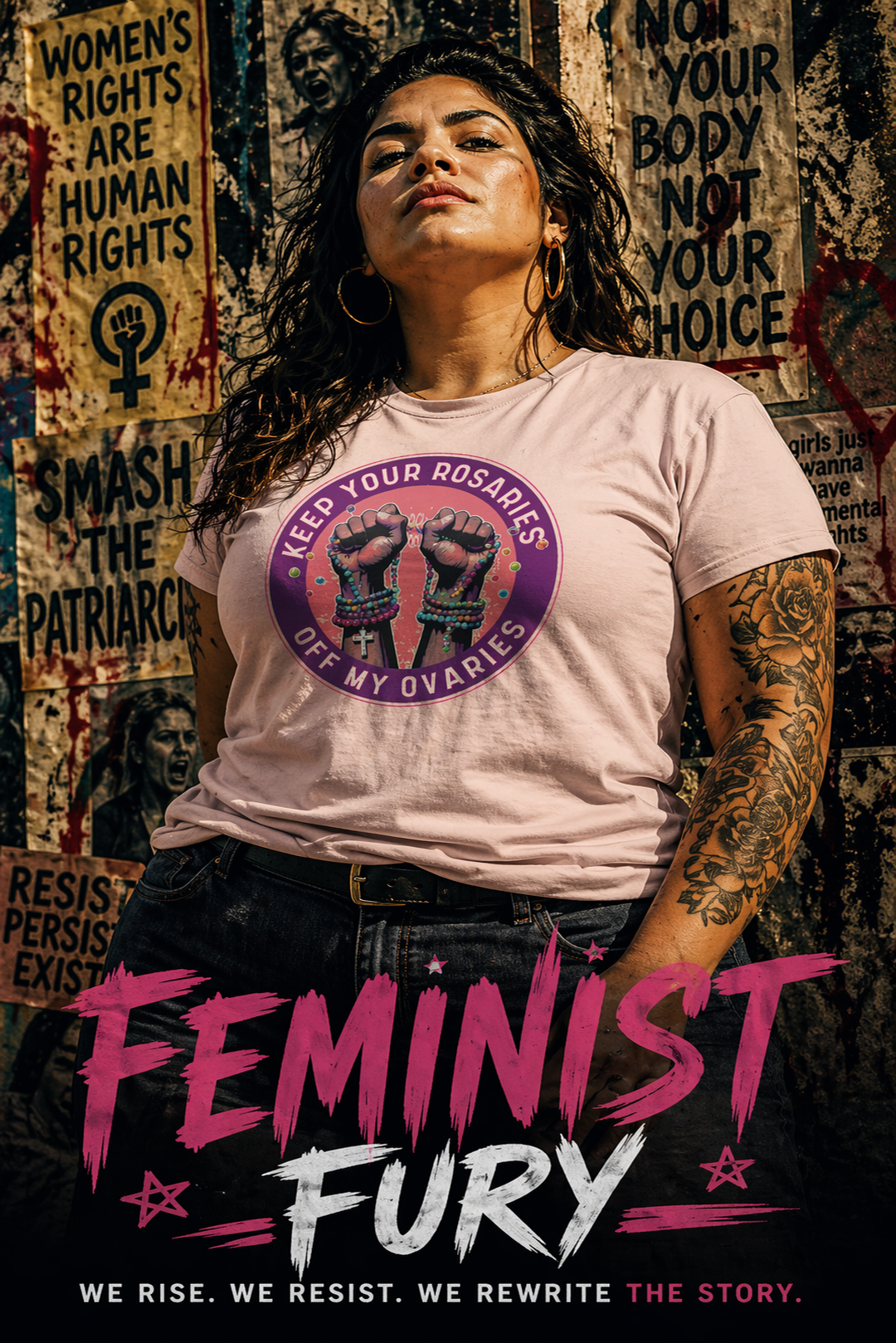a beautiful hispanic woman leans against a wall of protest posters. She wears a shirt that says "get your rosaries off my ovaries"