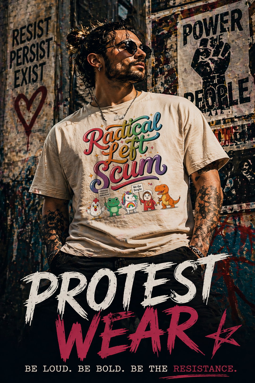 a man standing in front of protest signs wearing a Radical Left Scum shirt. Underneath it says Protest Wear.