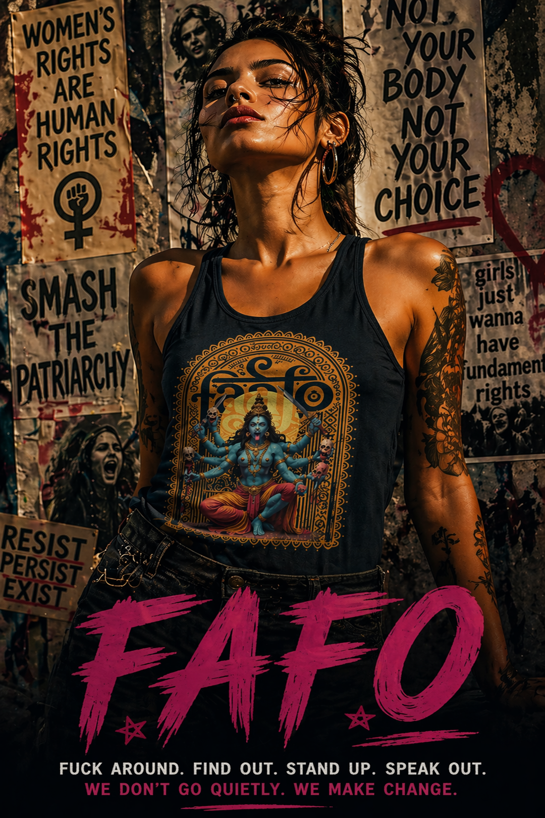 beautiful woman in front of a protest wall wearing a Kali shirt with FAFO below it