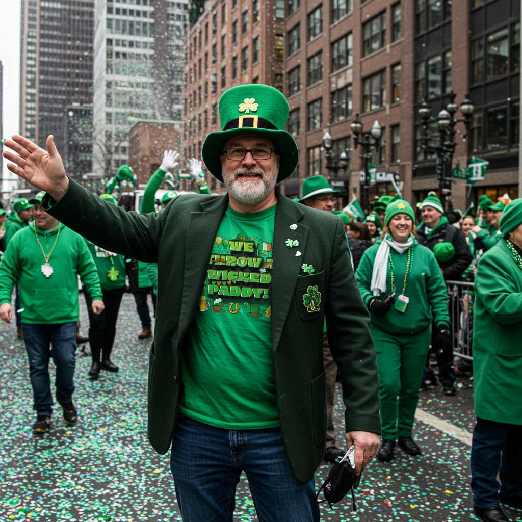 man wearing green and a "We Throw A Wicked Paddy" t-shirt at a St. Patrick's Day parade