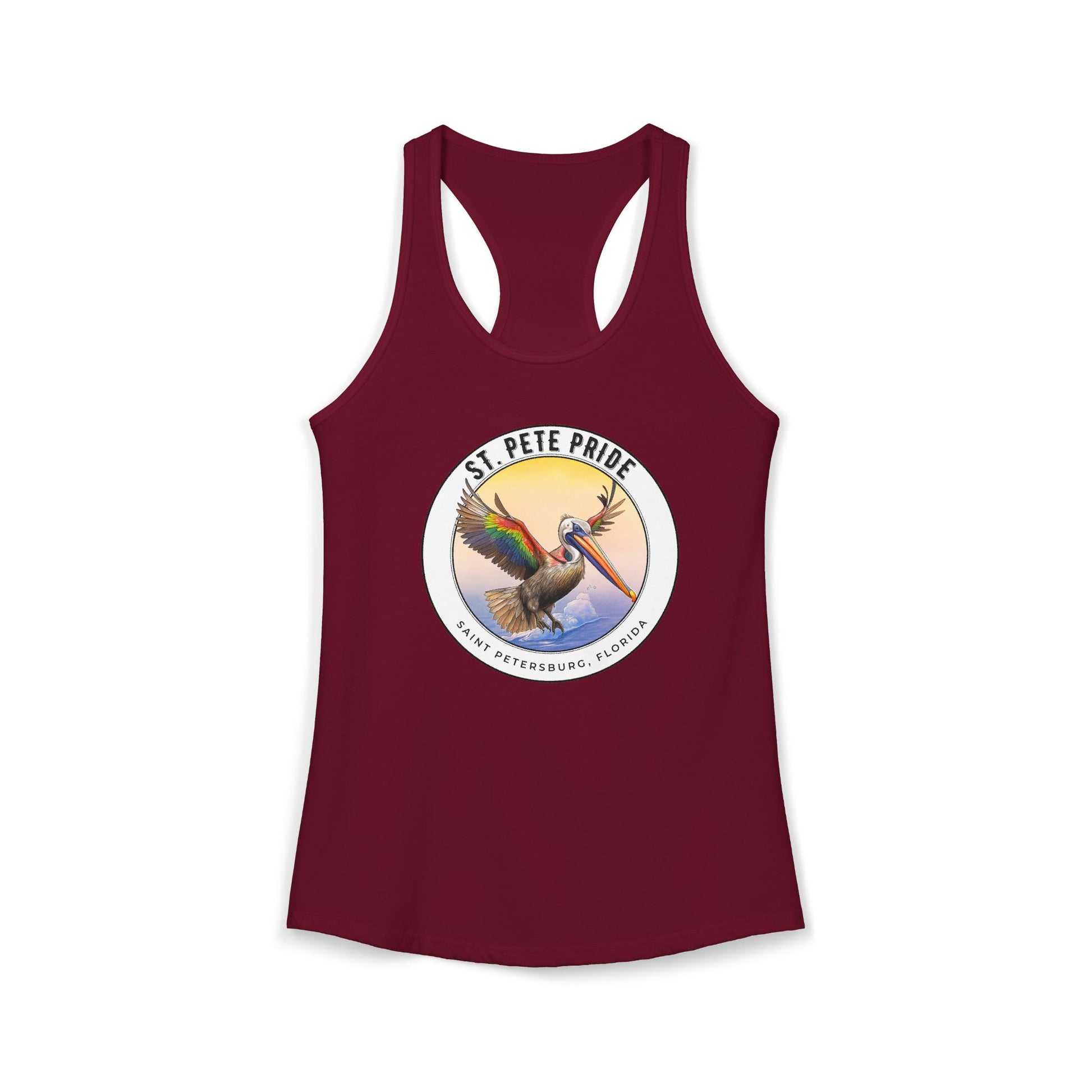 St. Pete Pride Rainbow Pelican Ideal Racerback Tan t-shirt funny mens womens | Speak Out Shirts