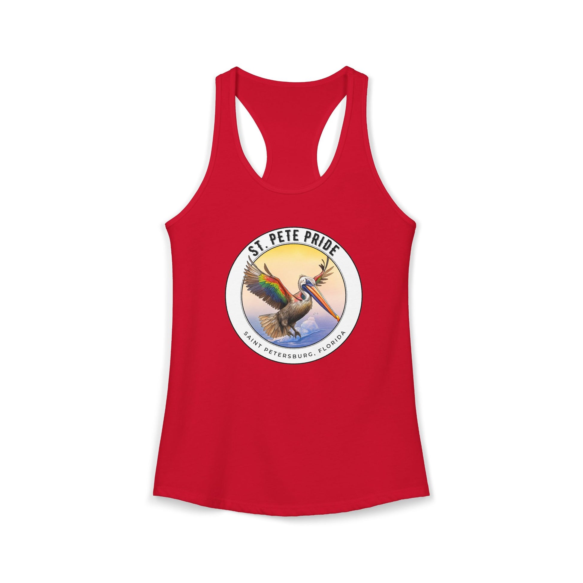 St. Pete Pride Rainbow Pelican Ideal Racerback Tan t-shirt funny mens womens | Speak Out Shirts