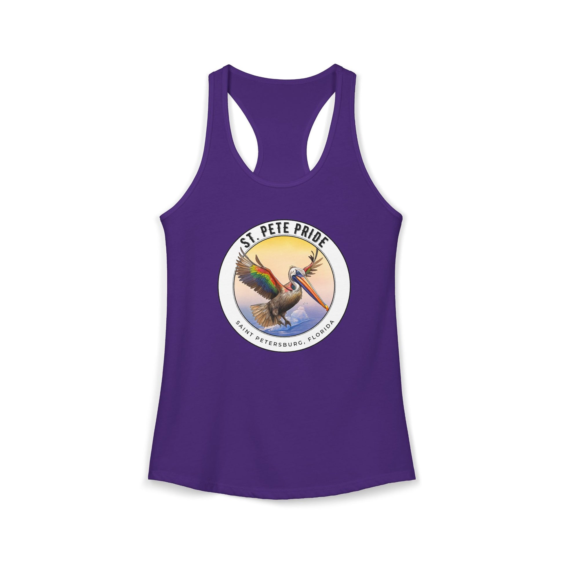 St. Pete Pride Rainbow Pelican Ideal Racerback Tan t-shirt funny mens womens | Speak Out Shirts