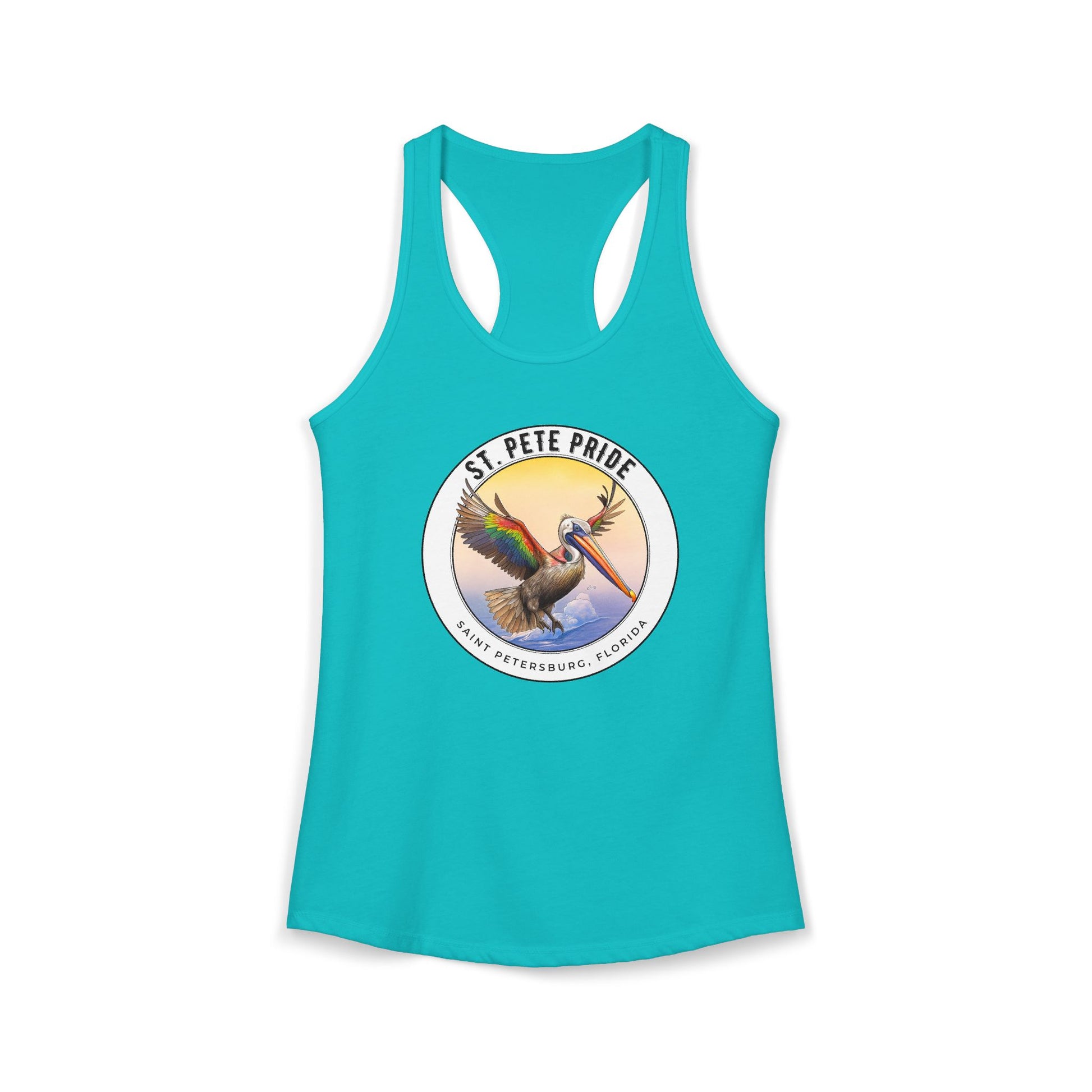 St. Pete Pride Rainbow Pelican Ideal Racerback Tan t-shirt funny mens womens | Speak Out Shirts