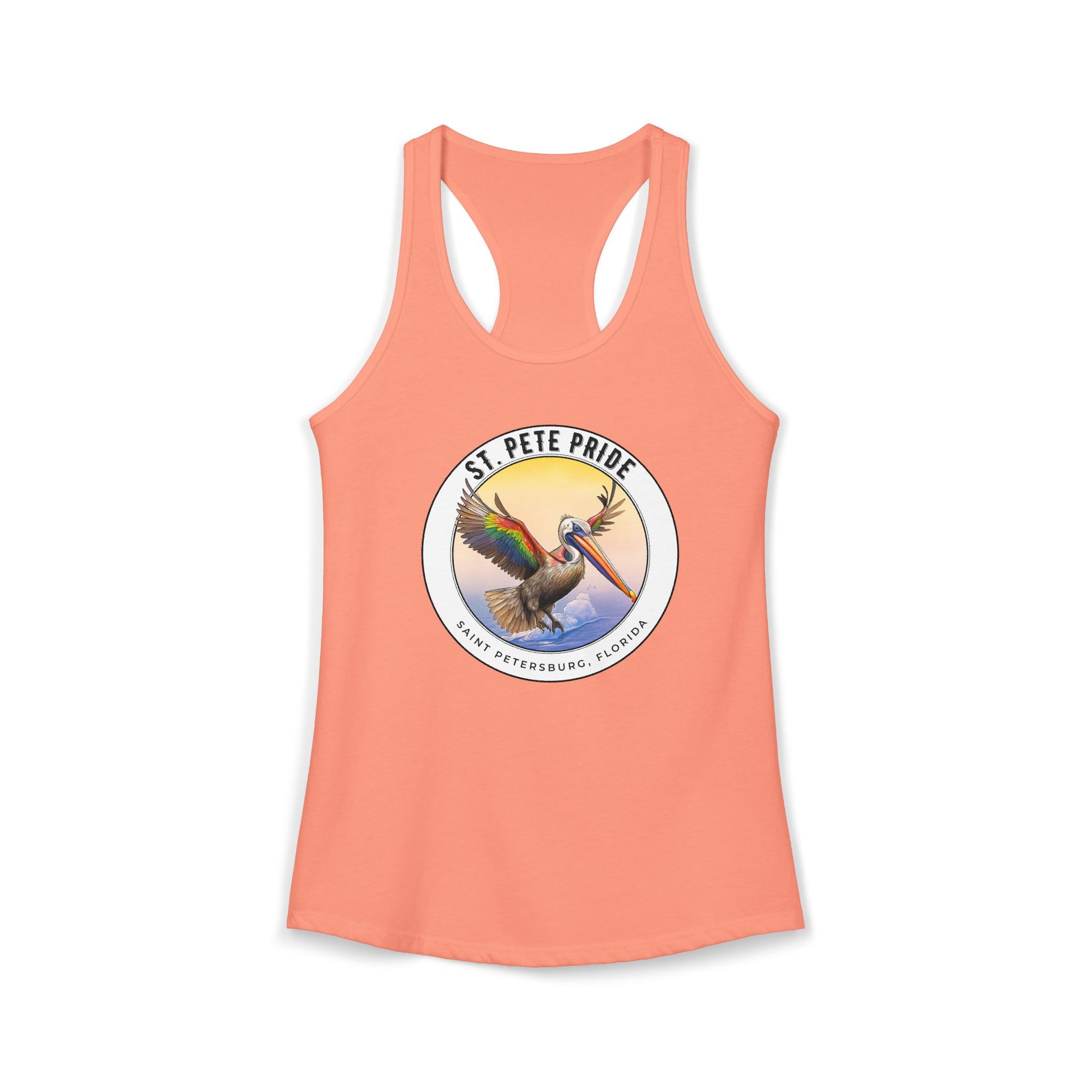 St. Pete Pride Rainbow Pelican Ideal Racerback Tan t-shirt funny mens womens | Speak Out Shirts