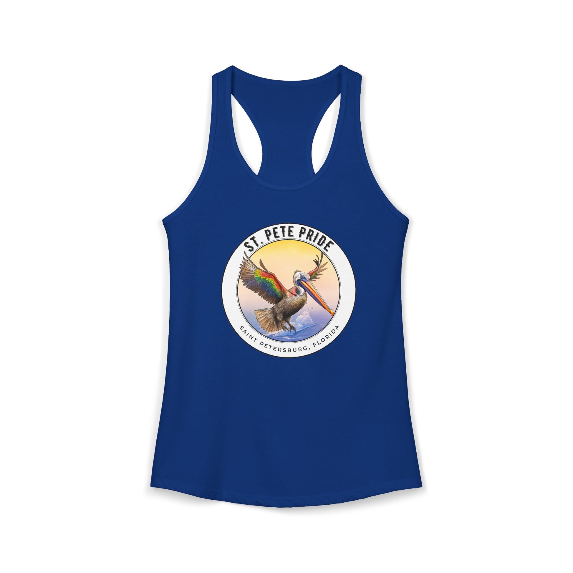 St. Pete Pride Rainbow Pelican Ideal Racerback Tan t-shirt funny mens womens | Speak Out Shirts