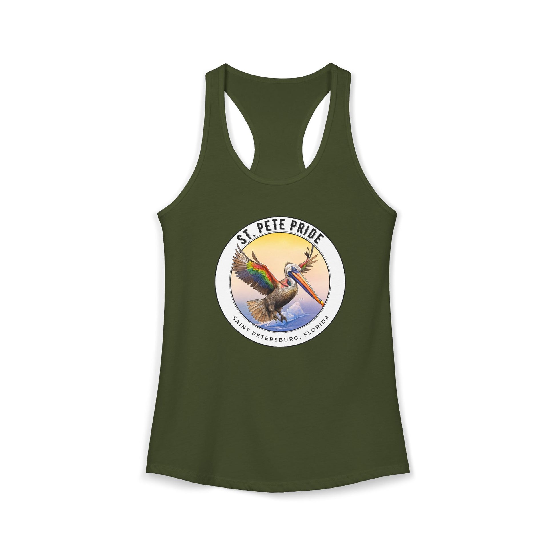 St. Pete Pride Rainbow Pelican Ideal Racerback Tan t-shirt funny mens womens | Speak Out Shirts