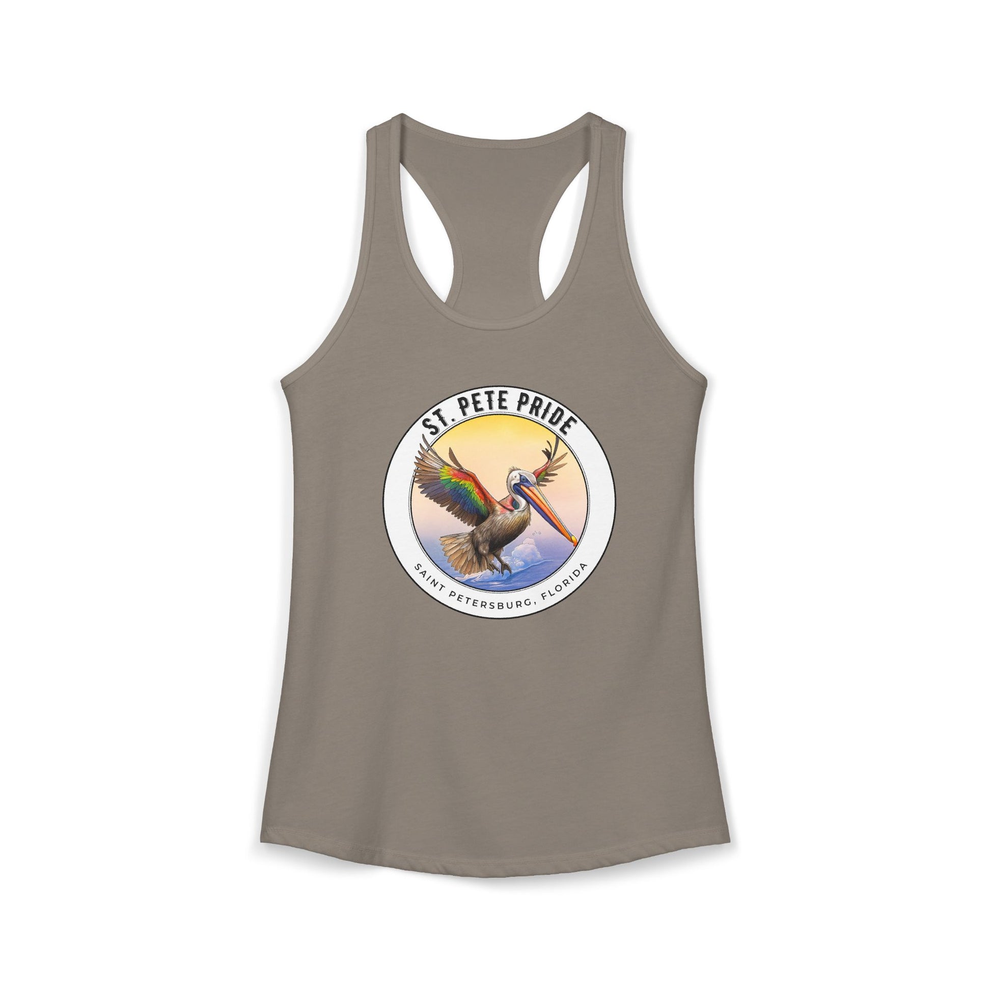 St. Pete Pride Rainbow Pelican Ideal Racerback Tan t-shirt funny mens womens | Speak Out Shirts