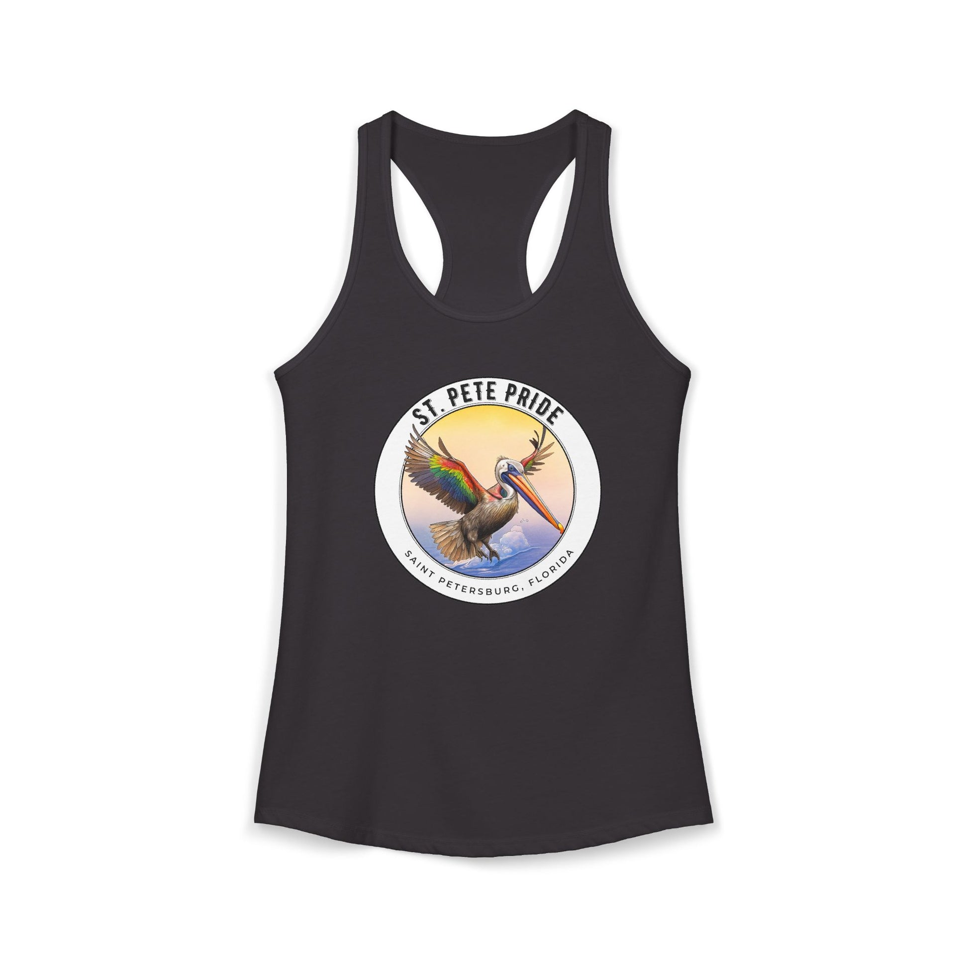 St. Pete Pride Rainbow Pelican Ideal Racerback Tan t-shirt funny mens womens | Speak Out Shirts