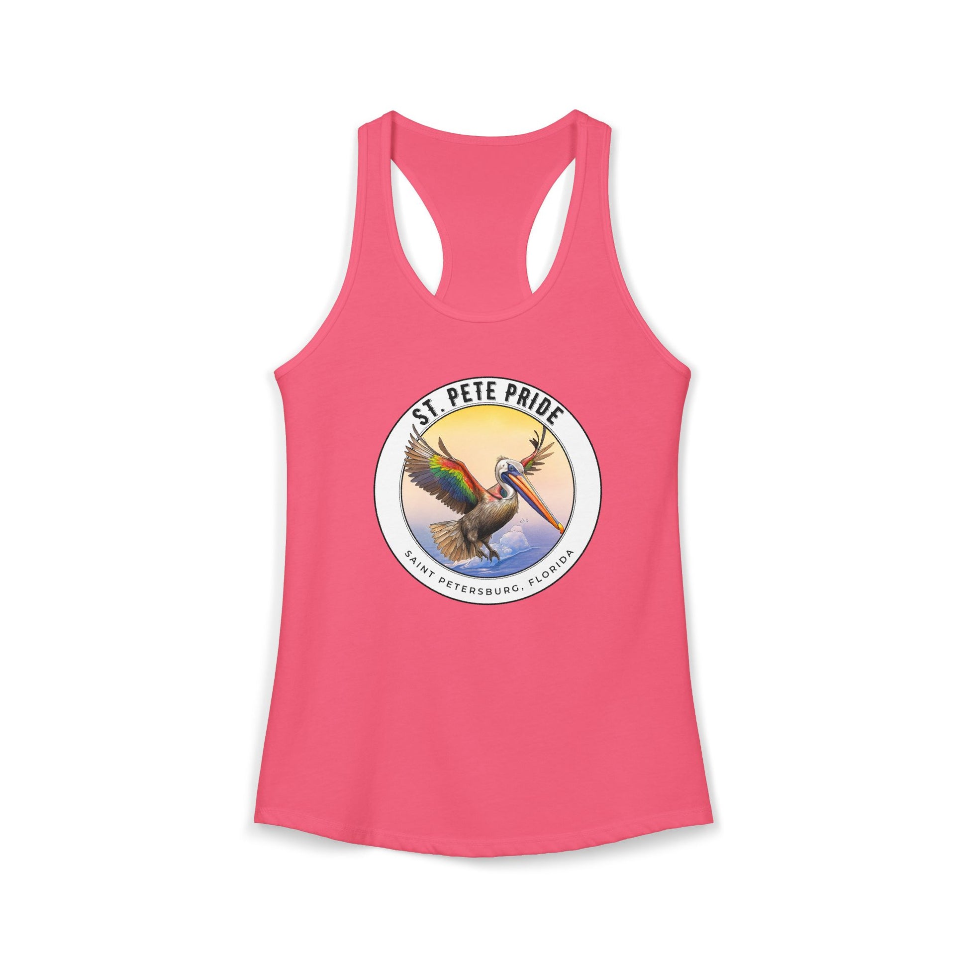 St. Pete Pride Rainbow Pelican Ideal Racerback Tan t-shirt funny mens womens | Speak Out Shirts