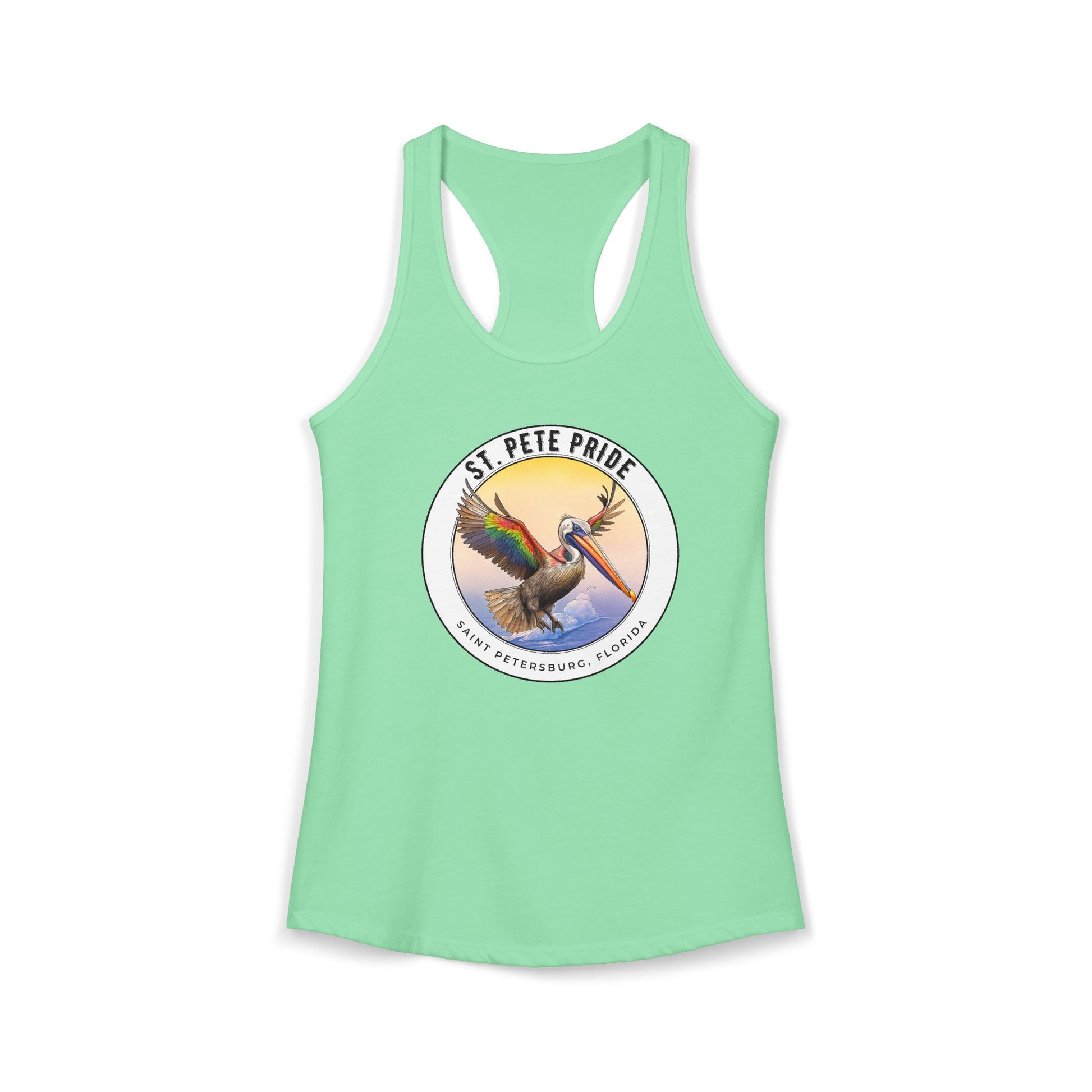 St. Pete Pride Rainbow Pelican Ideal Racerback Tan t-shirt funny mens womens | Speak Out Shirts