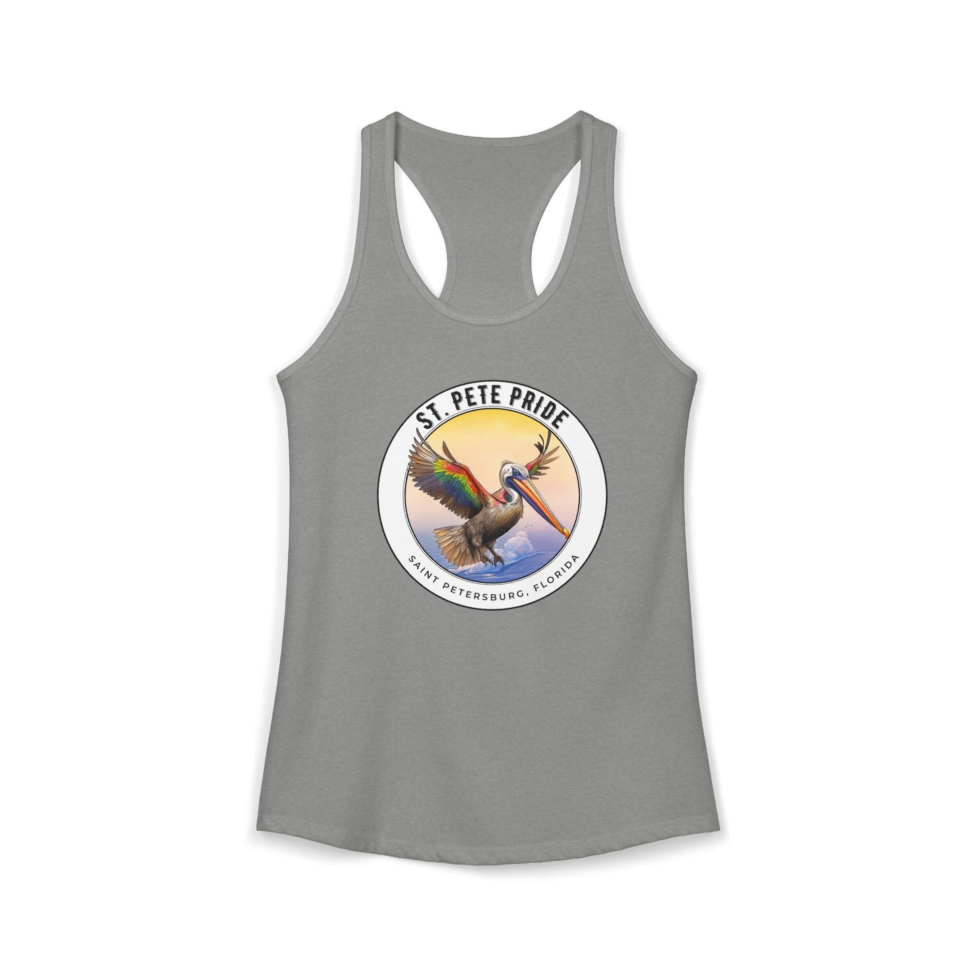 St. Pete Pride Rainbow Pelican Ideal Racerback Tan t-shirt funny mens womens | Speak Out Shirts